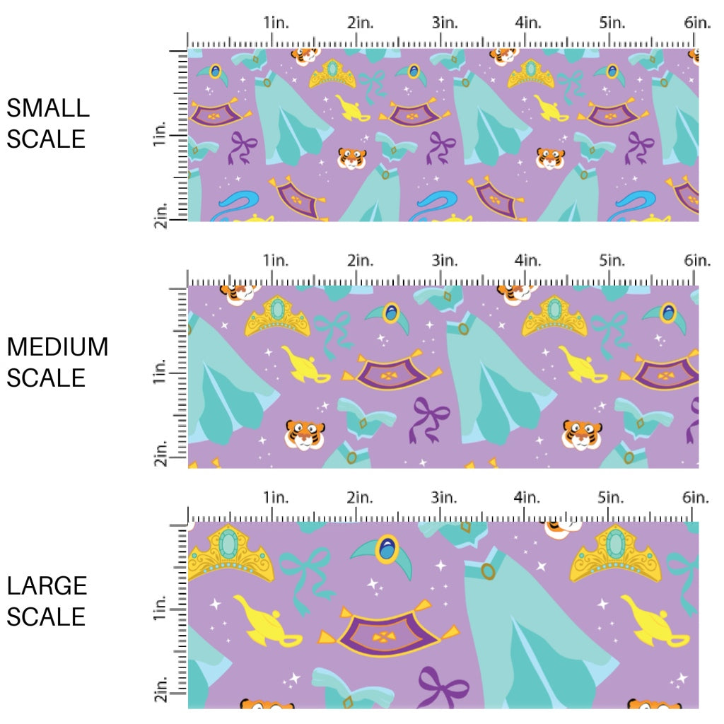 These magical princess themed fabric by the yard features princess dresses, bows, and tiaras on a purple pattern. This fun pattern fabric can be used for all your sewing and crafting needs!