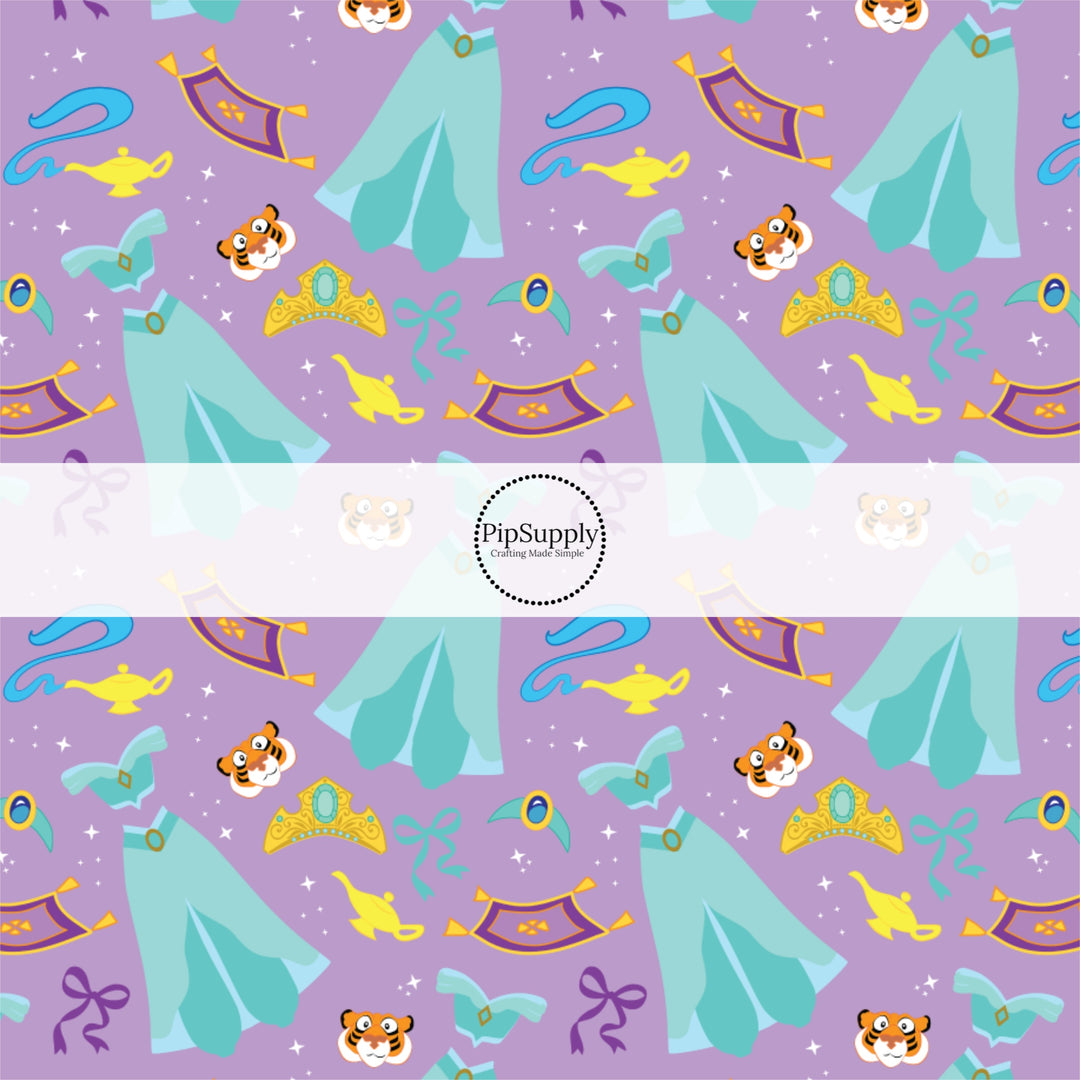 These magical princess themed fabric by the yard features princess dresses, bows, and tiaras on a purple pattern. This fun pattern fabric can be used for all your sewing and crafting needs!