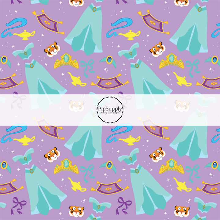These magical princess themed fabric by the yard features princess dresses, bows, and tiaras on a purple pattern. This fun pattern fabric can be used for all your sewing and crafting needs!