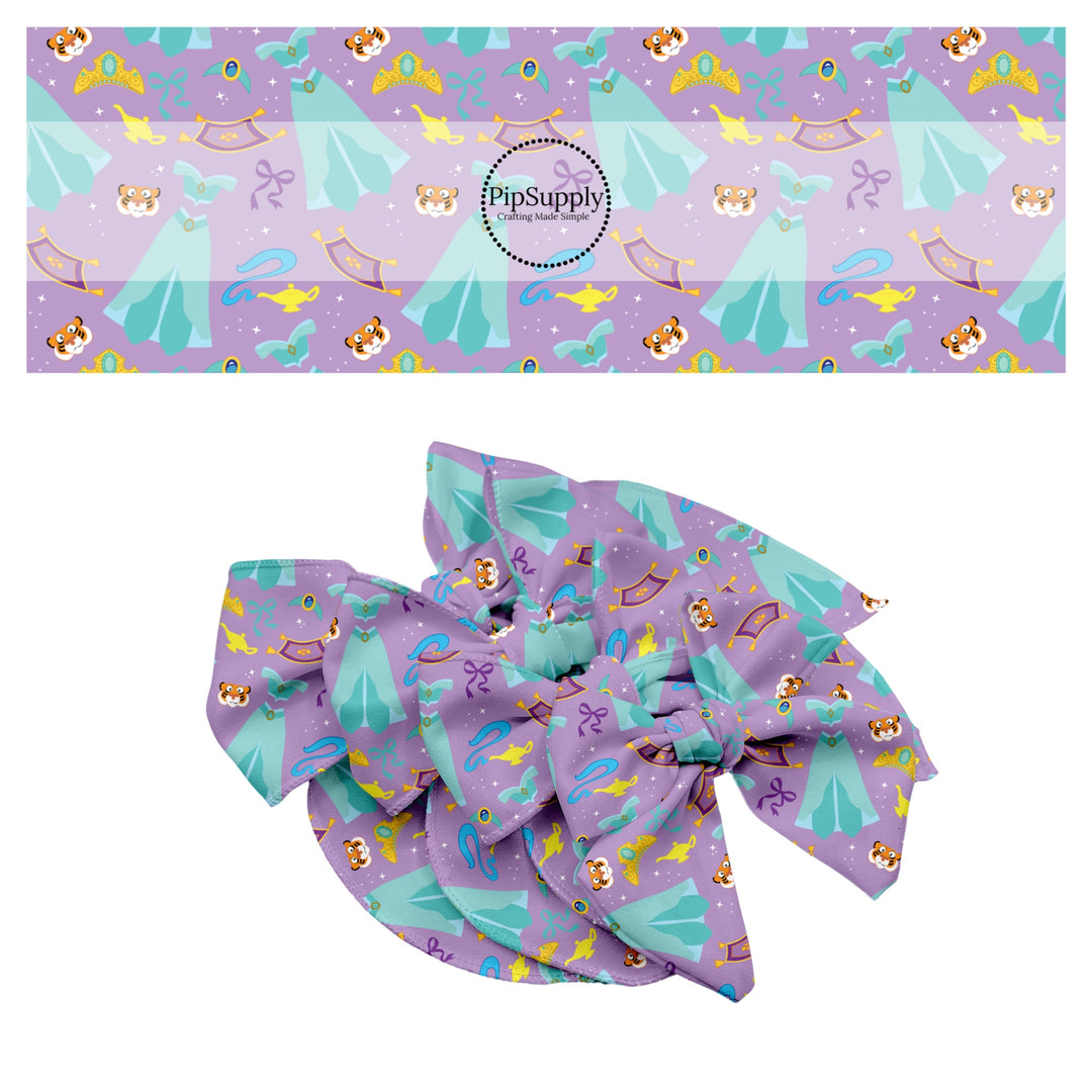 These magical princess themed no sew bow strips can be easily tied and attached to a clip for a finished hair bow. These bow strips are great for personal use or to sell. These bow strips feature the following design elements: princess dresses, bows, and tiaras on a purple pattern.