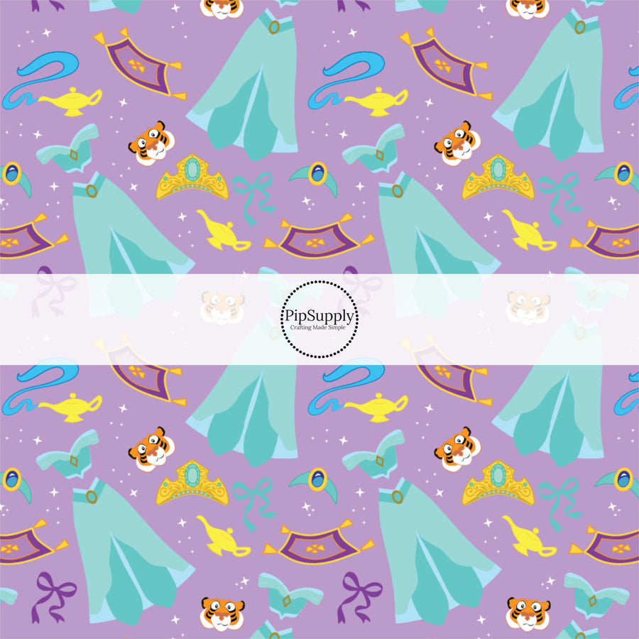 These magical princess themed no sew bow strips can be easily tied and attached to a clip for a finished hair bow. These bow strips are great for personal use or to sell. These bow strips feature the following design elements: princess dresses, bows, and tiaras on a purple pattern.