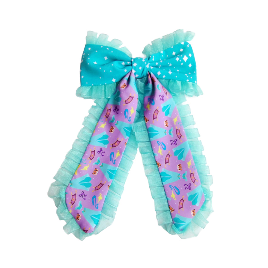 These princess themed ruffled long tail pre-cut tied bows are ready to package and resell to your customers no sewing or measuring necessary! These hair bows come with a clip already attached.
