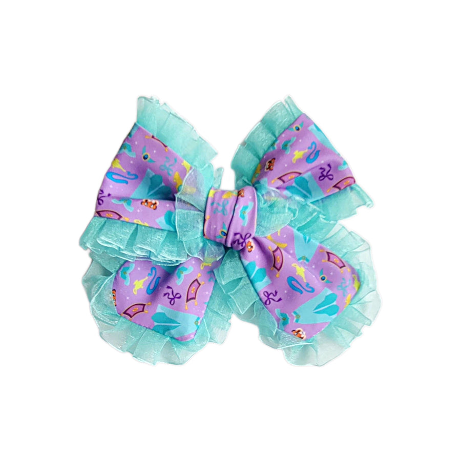 These princess themed ruffled pinwheel pre-cut tied bows are ready to package and resell to your customers no sewing or measuring necessary! These hair bows come with a clip already attached.