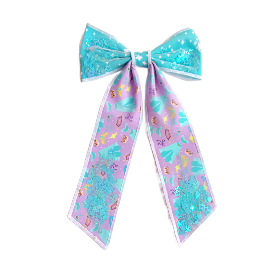These princess themed long tail shaker pre-cut tied bows are ready to package and resell to your customers no sewing or measuring necessary! These hair bows come with a clip already attached. The shaker bows come pre-filled with a pattern mix.