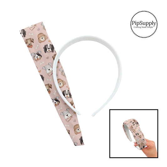 Puppy faces with hearts and bones on pink knotted headband kit