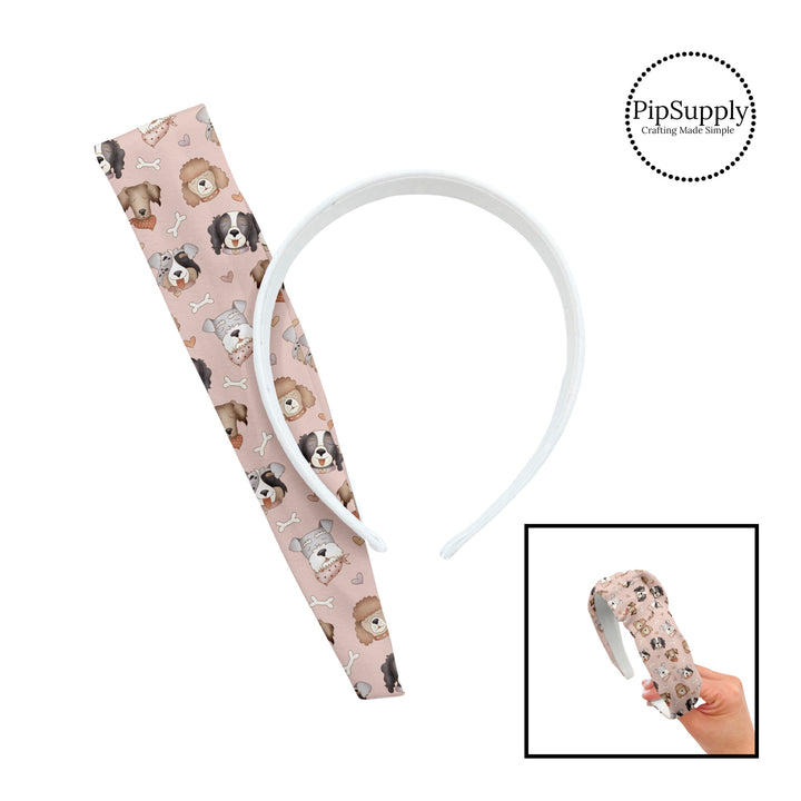 Puppy faces with hearts and bones on pink knotted headband kit