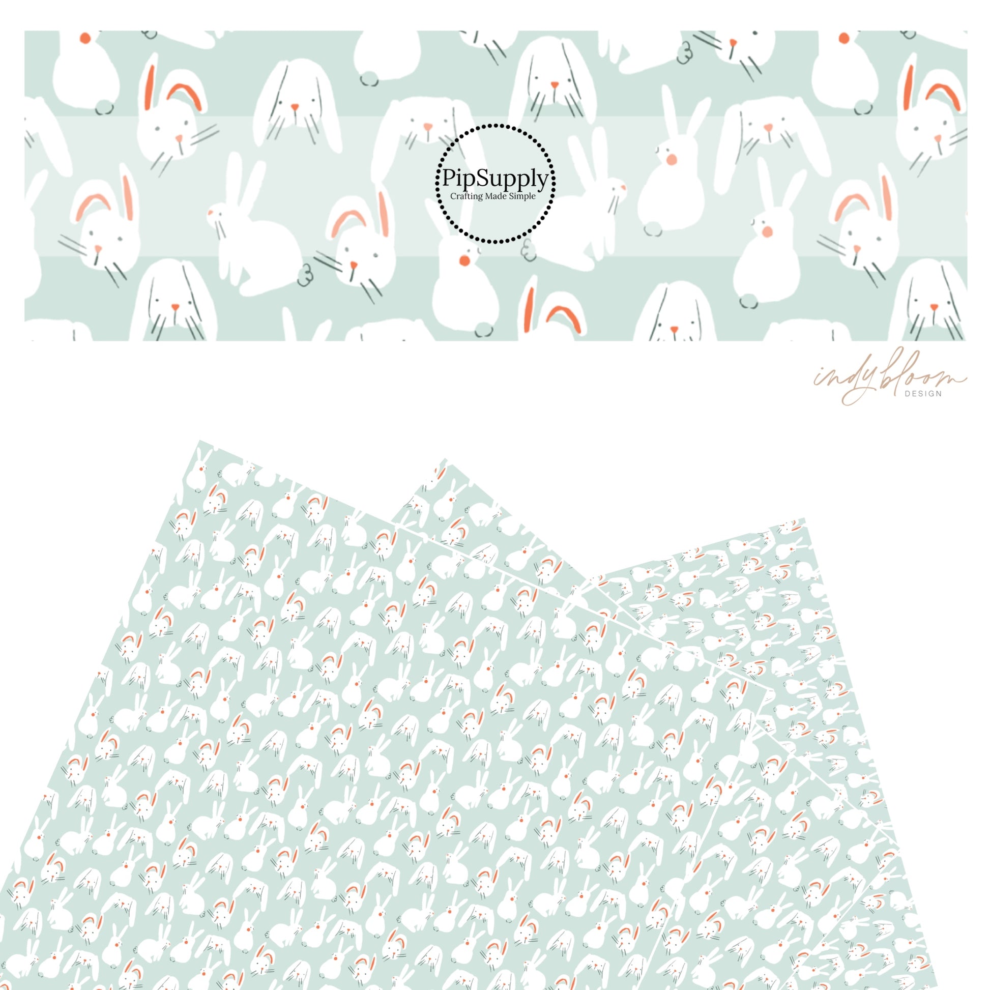 These spring pattern themed faux leather sheets contain the following design elements: bunnies on light seafoam. Our CPSIA compliant faux leather sheets or rolls can be used for all types of crafting projects.