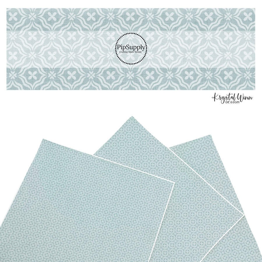 These Easter themed faux leather sheets contain the following design elements: pale teal wallpaper pattern. Our CPSIA compliant faux leather sheets or rolls can be used for all types of crafting projects.