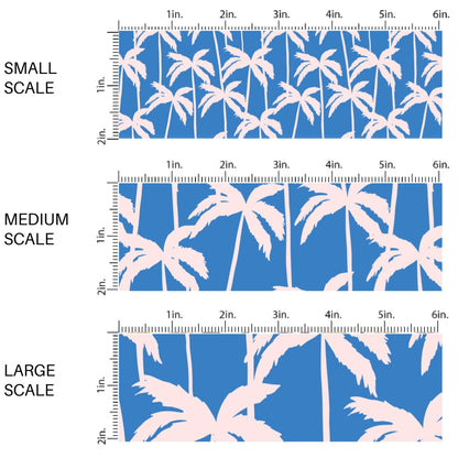 This scale chart of small scale, medium scale, and large scale of this summer fabric by the yard features palm trees on blue. This fun themed fabric can be used for all your sewing and crafting needs!