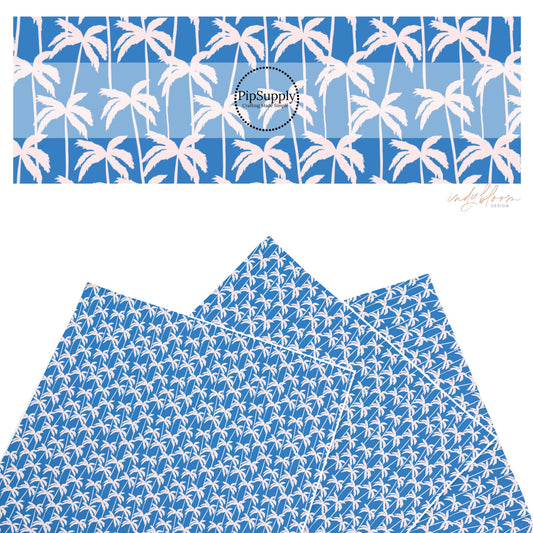These summer faux leather sheets contain the following design elements: palm trees on blue. Our CPSIA compliant faux leather sheets or rolls can be used for all types of crafting projects.