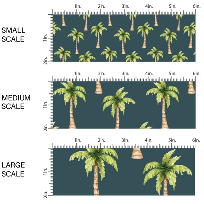This scale chart of small scale, medium scale, and large scale of these tropical themed blue fabric by the yard features palm trees on navy blue. This fun beach themed fabric can be used for all your sewing and crafting needs! 
