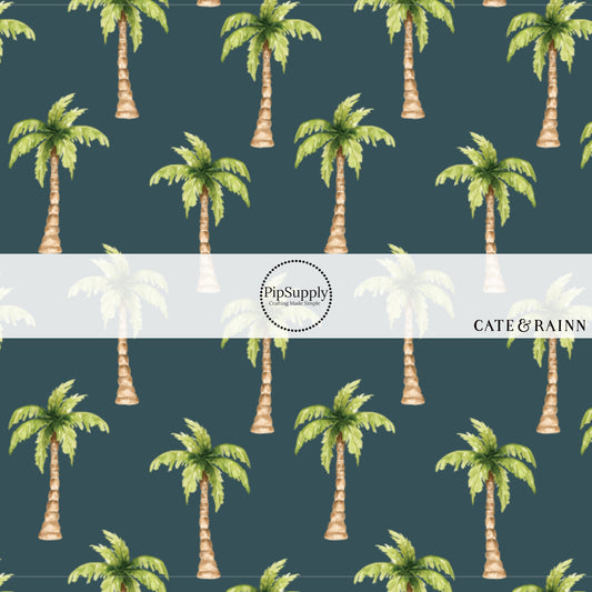 These tropical themed blue fabric by the yard features palm trees on navy blue. This fun beach themed fabric can be used for all your sewing and crafting needs! 