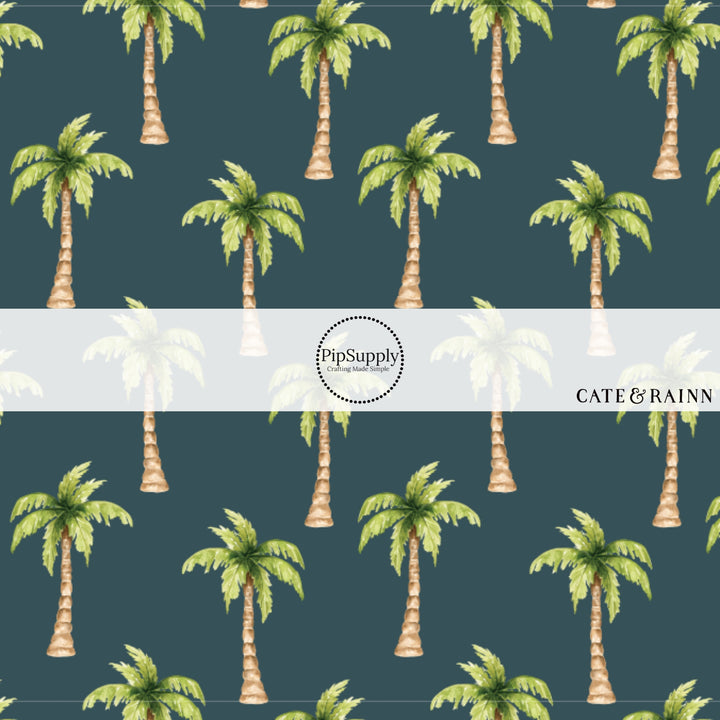 These tropical themed blue fabric by the yard features palm trees on navy blue. This fun beach themed fabric can be used for all your sewing and crafting needs! 