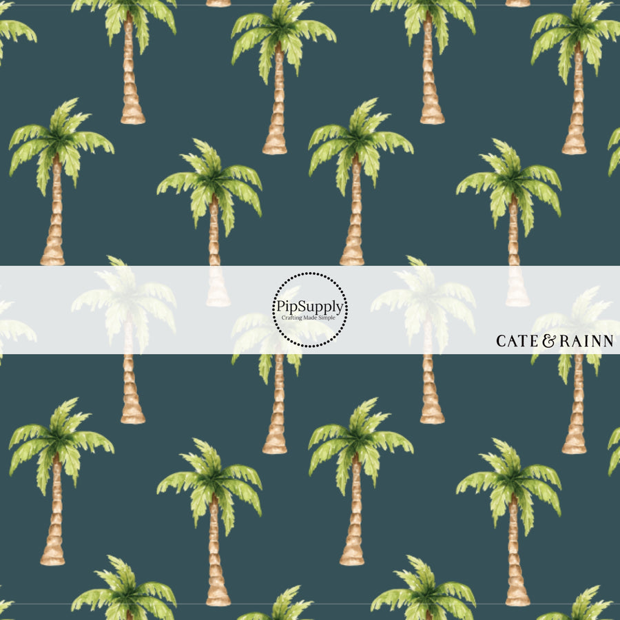 These tropical themed blue fabric by the yard features palm trees on navy blue. This fun beach themed fabric can be used for all your sewing and crafting needs! 