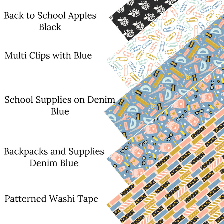 School Supplies on Denim Blue Faux Leather Sheets