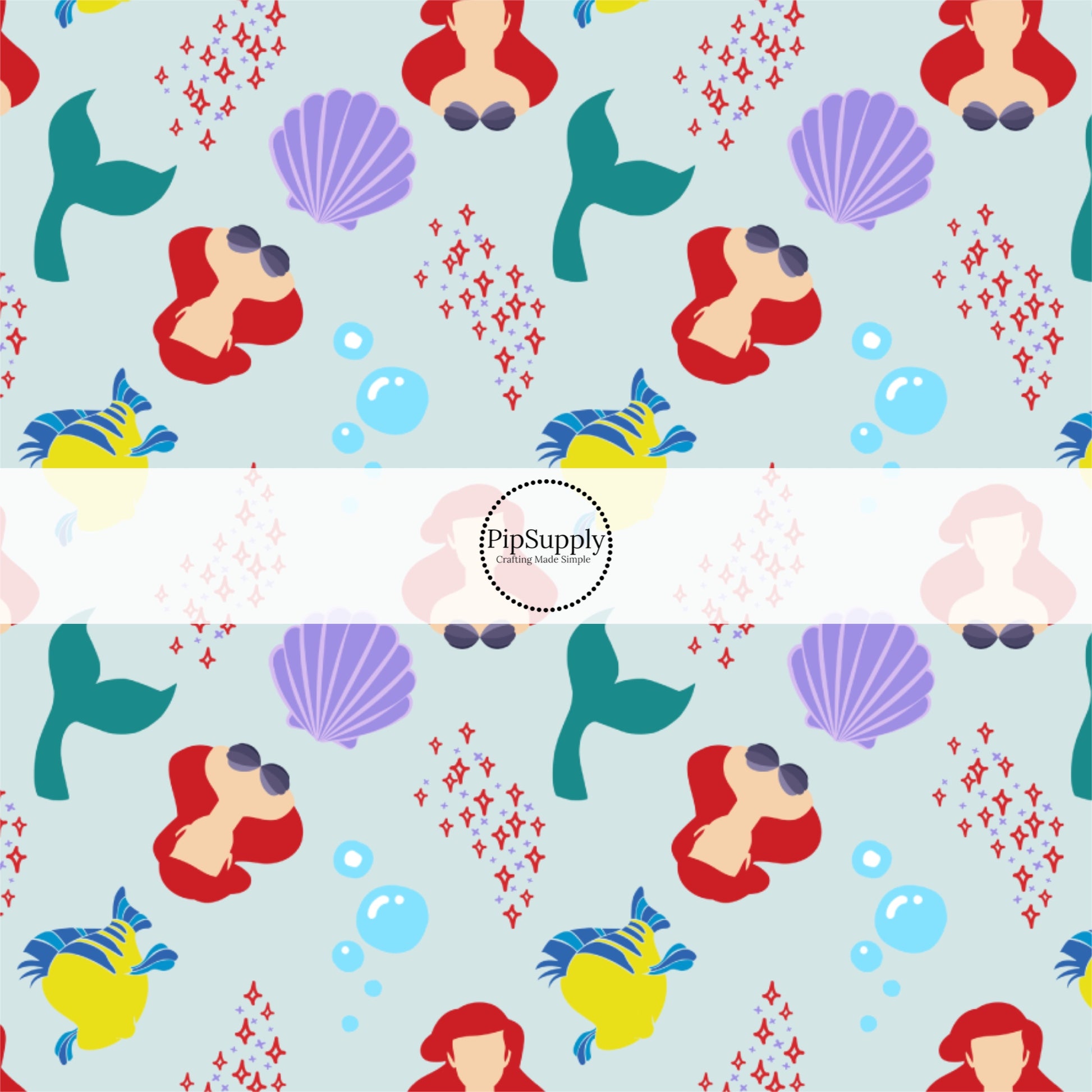 These ocean inspired themed no sew bow strips can be easily tied and attached to a clip for a finished hair bow. These fun mermaid themed patterned bow strips are great for personal use or to sell. These bow strips feature the following red headed mermaid, yellow flounder fish, and sea shells on light blue.