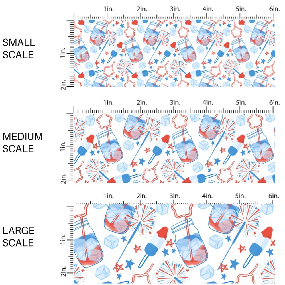 These patriotic fabric by the yard features patriotic fireworks, stars, ice cream, and popsicles. This fun pattern fabric can be used for all your sewing and crafting needs!