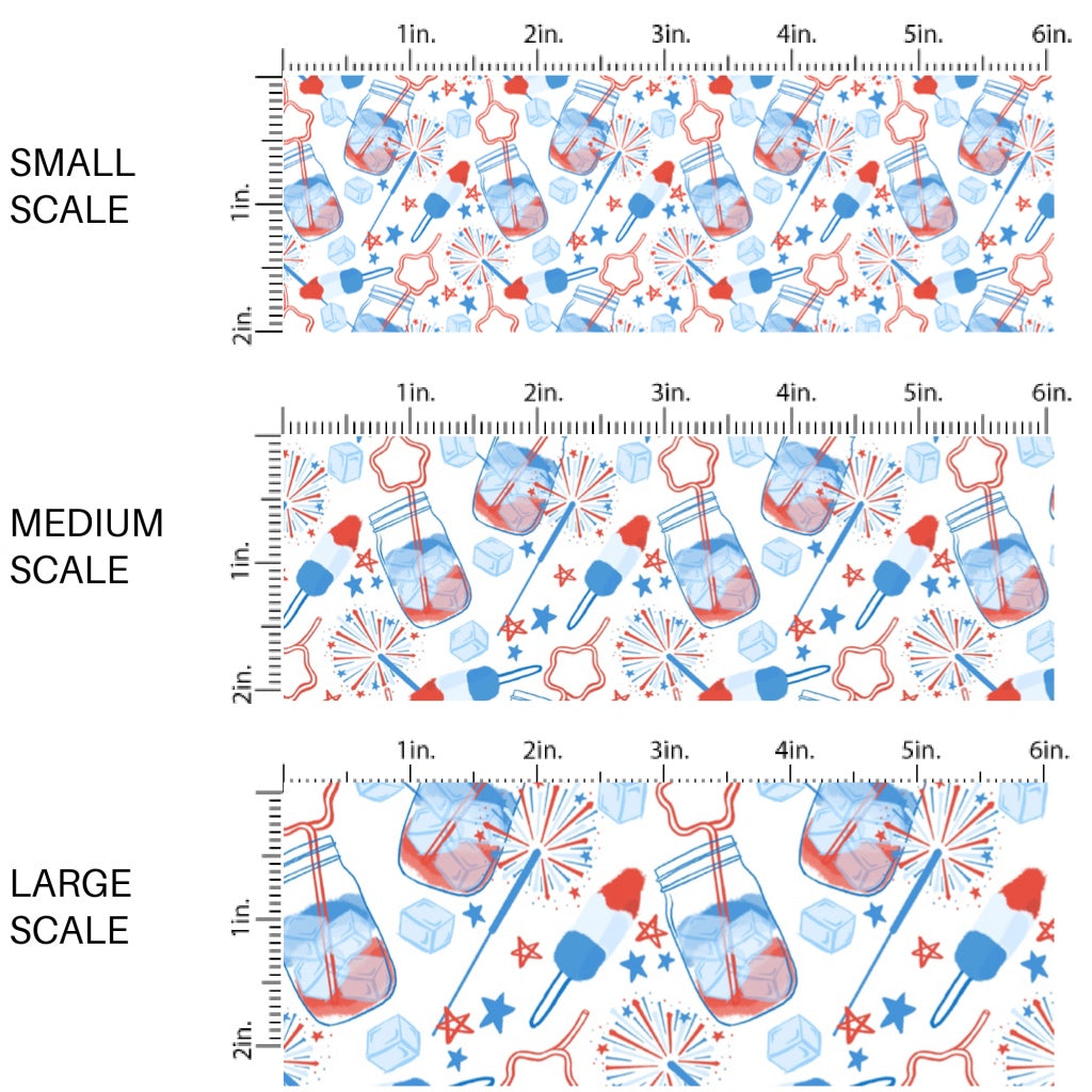 These patriotic fabric by the yard features patriotic fireworks, stars, ice cream, and popsicles. This fun pattern fabric can be used for all your sewing and crafting needs!