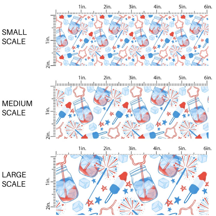 These patriotic fabric by the yard features patriotic fireworks, stars, ice cream, and popsicles. This fun pattern fabric can be used for all your sewing and crafting needs!