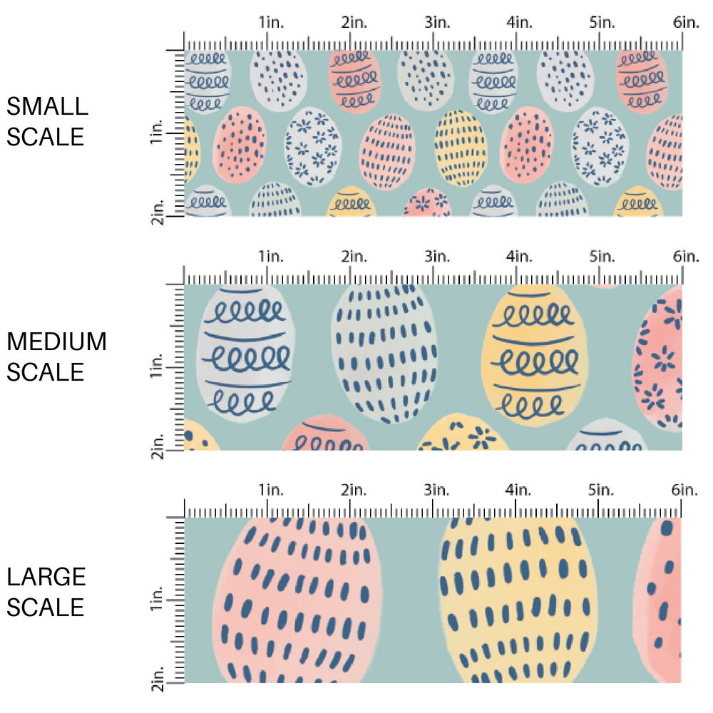 Patterned Eggs on Blue Fabric by the Yard scaled image guide.