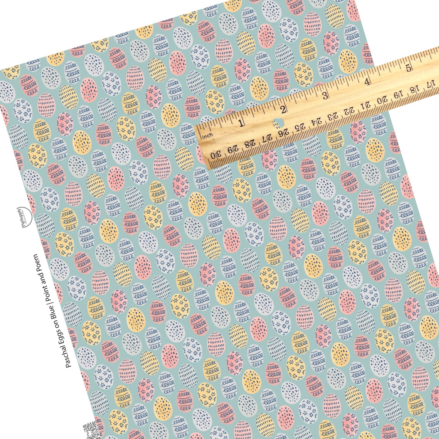These spring pattern themed faux leather sheets contain the following design elements: light pink and light blue bunnies surrounded by pastel pattern Easter eggs on blue. Our CPSIA compliant faux leather sheets or rolls can be used for all types of crafting projects.