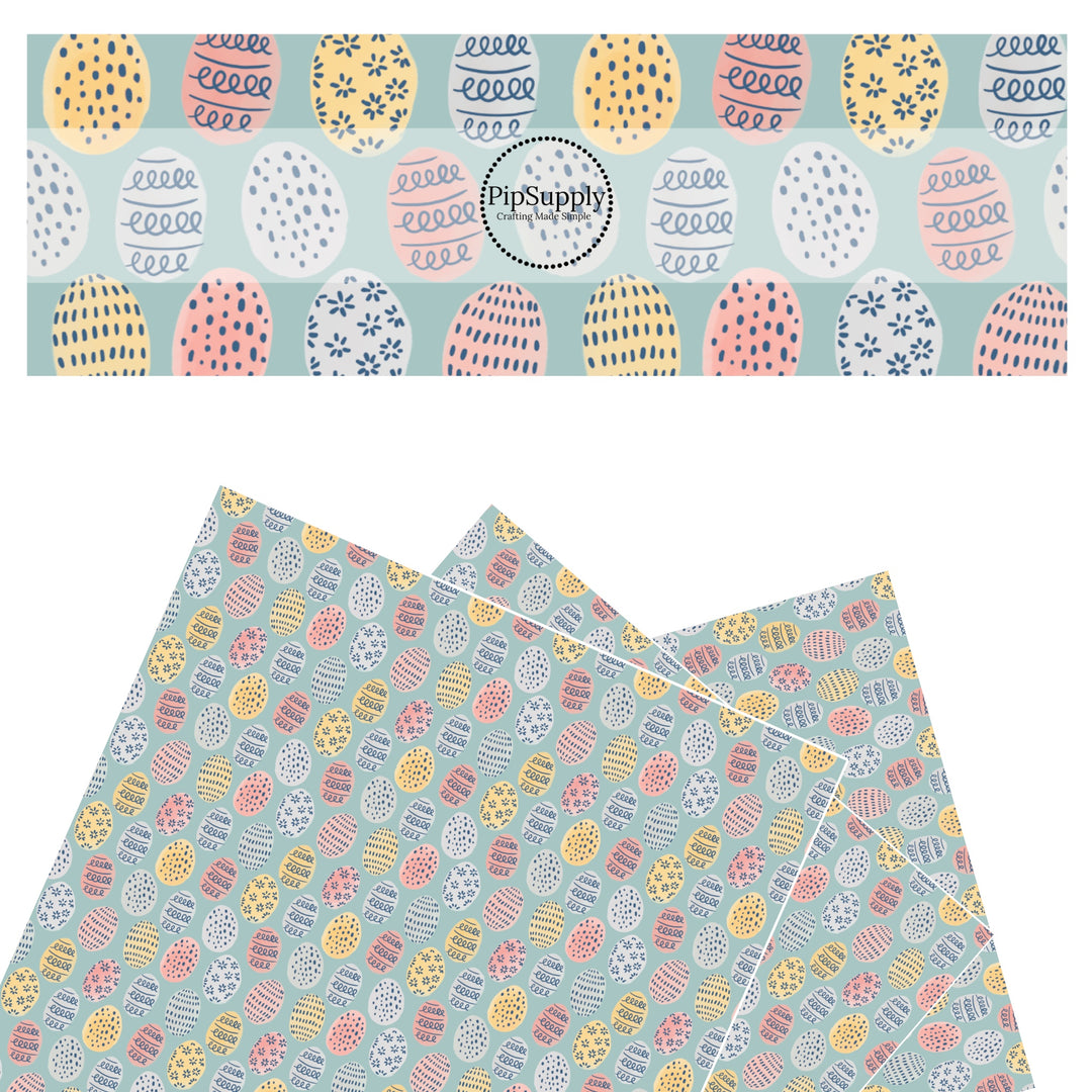 These spring pattern themed faux leather sheets contain the following design elements: light pink and light blue bunnies surrounded by pastel pattern Easter eggs on blue. Our CPSIA compliant faux leather sheets or rolls can be used for all types of crafting projects.