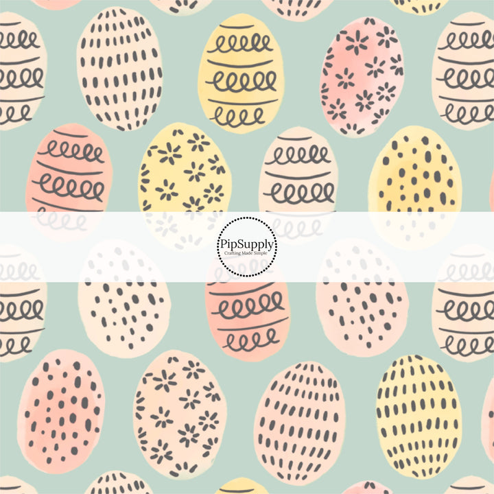 Patterned Eggs on Sea-Foam Green Fabric by the Yard.