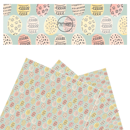 These spring pattern themed faux leather sheets contain the following design elements: light pink and light blue bunnies surrounded by pastel pattern Easter eggs on seafoam. Our CPSIA compliant faux leather sheets or rolls can be used for all types of crafting projects.