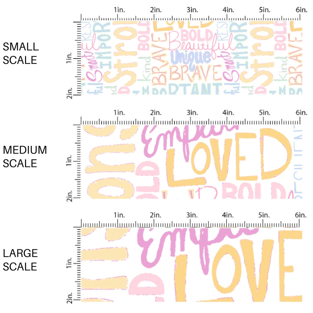 This scale chart of small scale, medium scale, and large scale of this summer fabric by the yard features pastel affirmation words on cream. This fun themed fabric can be used for all your sewing and crafting needs!