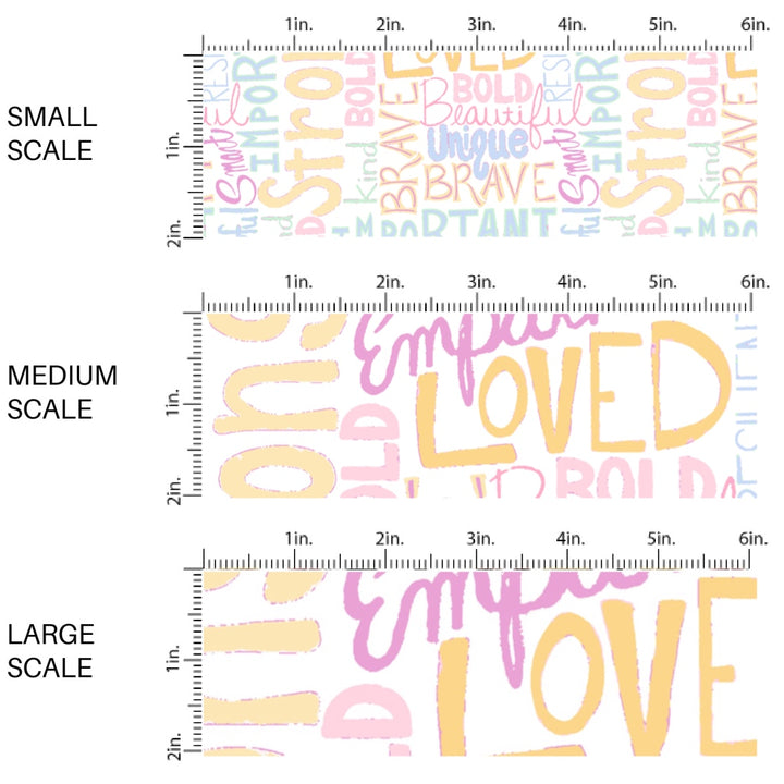 This scale chart of small scale, medium scale, and large scale of this summer fabric by the yard features pastel affirmation words on cream. This fun themed fabric can be used for all your sewing and crafting needs!