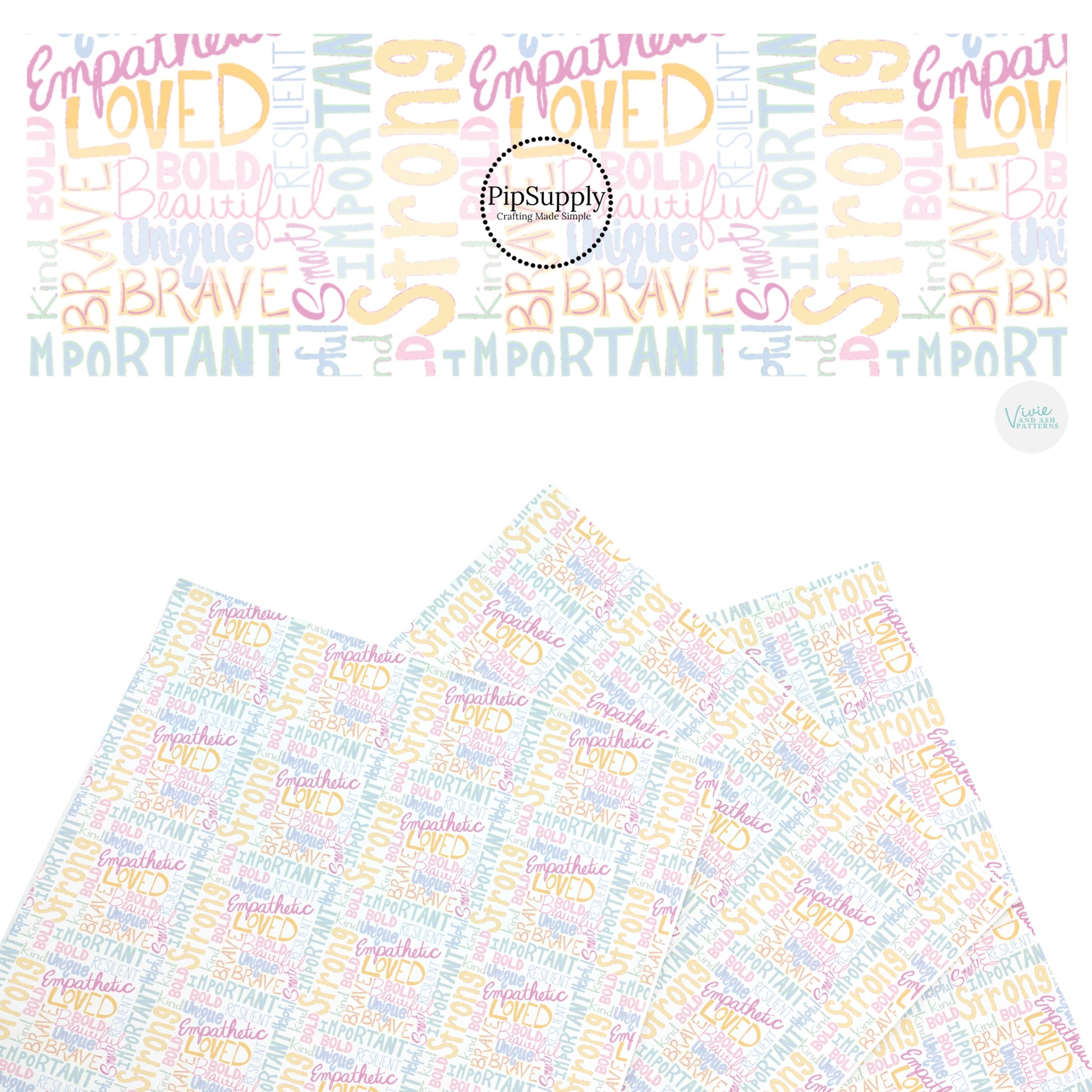 These summer faux leather sheets contain the following design elements: pastel affirmation words on cream. Our CPSIA compliant faux leather sheets or rolls can be used for all types of crafting projects.