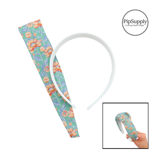 These fun spring and summer floral kits with beautiful leaves and flowers in the color of light pink, peach, and light blue include a custom printed and sewn fabric strip and a coordinating velvet headband.  