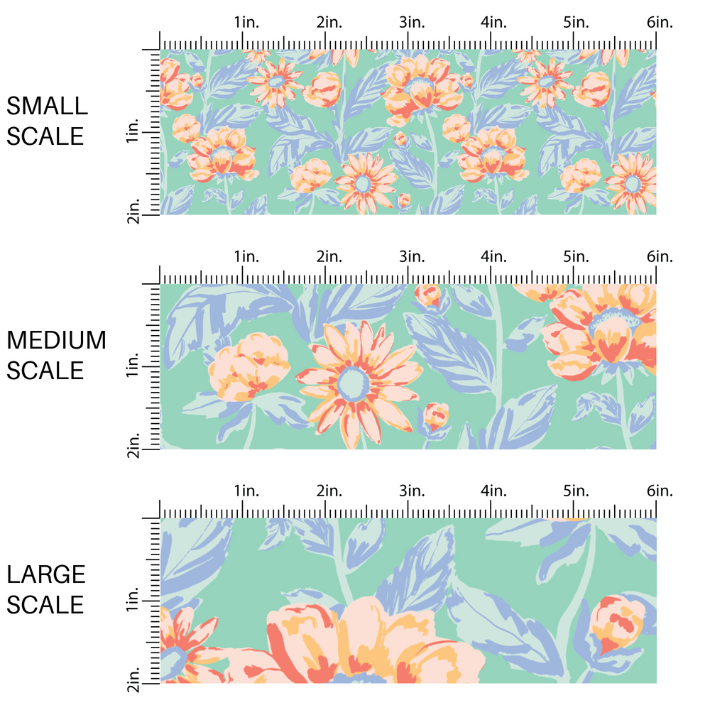 This scale chart has small scale, medium scale, and large scale of these pastel watercolor blooms on blue fabric by the yard features light pink, peach, and light blue beautiful flowers and leaves.