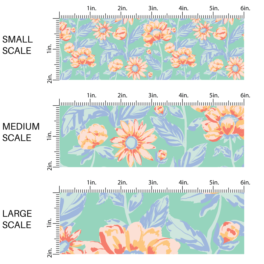 This scale chart has small scale, medium scale, and large scale of these pastel watercolor blooms on blue fabric by the yard features light pink, peach, and light blue beautiful flowers and leaves.