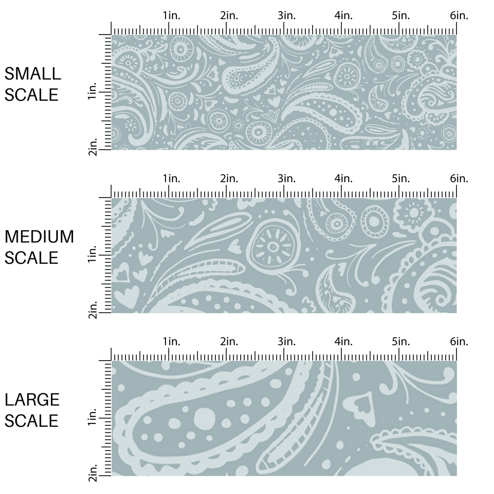 This scale chart with small scale, medium scale, and large scale of these western light blue fabric by the yard features light blue gray paisley pattern.