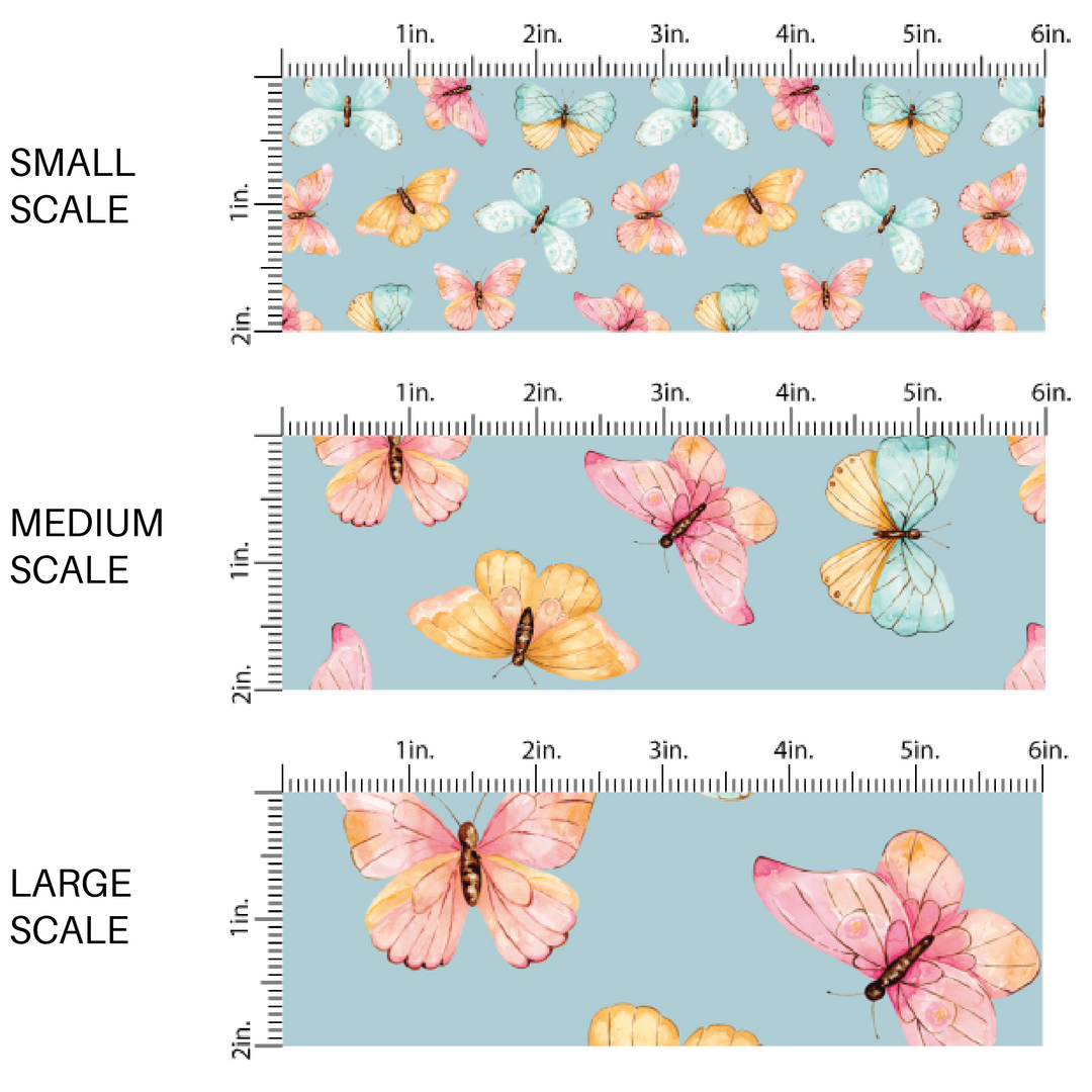 This scale chart of small scale, medium scale, and large scale of these butterfly themed blue fabric by the yard features light pink, orange, and blue butterflies on blue. This fun summer butterfly themed fabric can be used for all your sewing and crafting needs! 