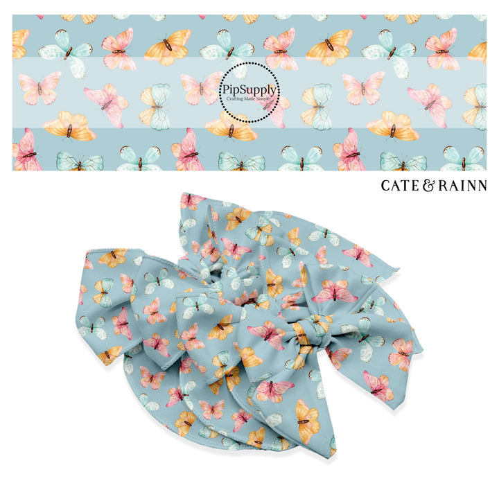 These butterfly themed blue no sew bow strips can be easily tied and attached to a clip for a finished hair bow. These fun summer butterfly themed bow strips features light pink, orange, and blue butterflies on blue are great for personal use or to sell.