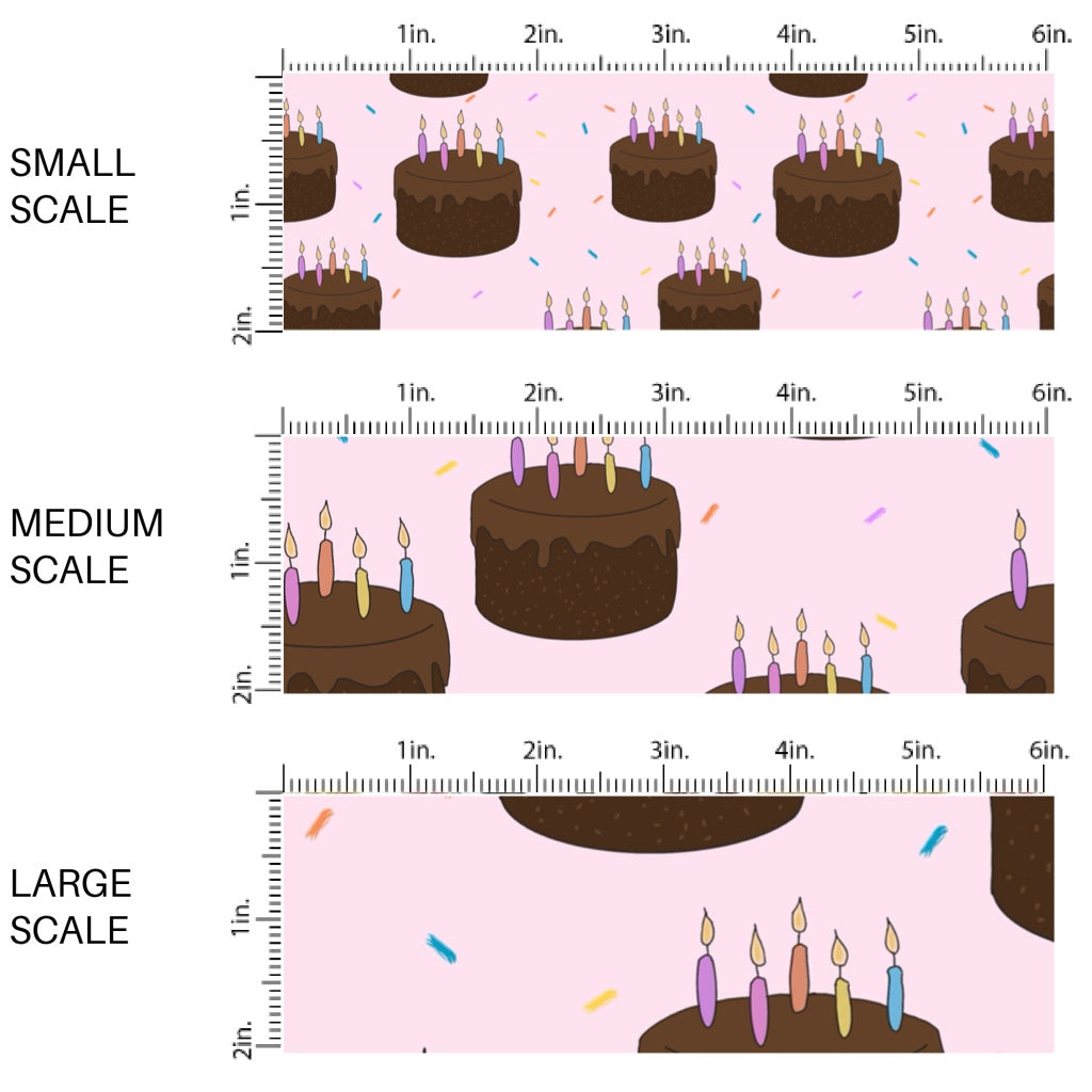This scale chart of small scale, medium scale, and large scale of this celebration fabric by the yard features chocolate birthday cakes on light pink. This fun birthday themed fabric can be used for all your sewing and crafting needs!