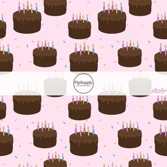 This celebration fabric by the yard features chocolate birthday cakes on light pink. This fun birthday themed fabric can be used for all your sewing and crafting needs!