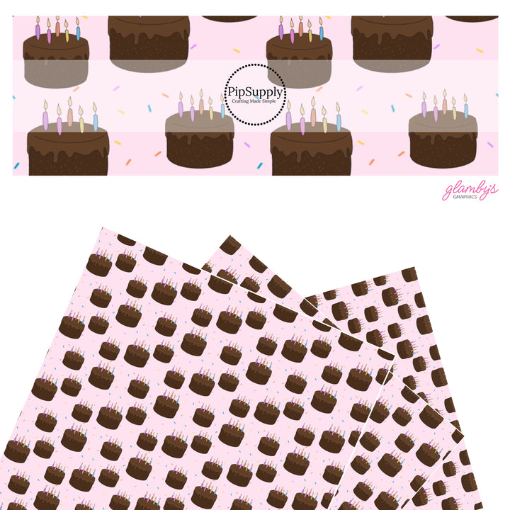 These celebration faux leather sheets contain the following design elements: chocolate birthday cakes on light pink. Our CPSIA compliant faux leather sheets or rolls can be used for all types of crafting projects.