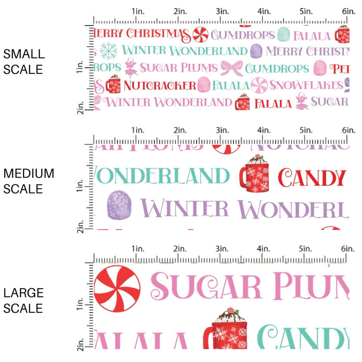 These Christmas themed pattern fabric by the yard features the following design elements: pastel Christmas sayings. This fun themed fabric can be used for all your sewing and crafting needs!