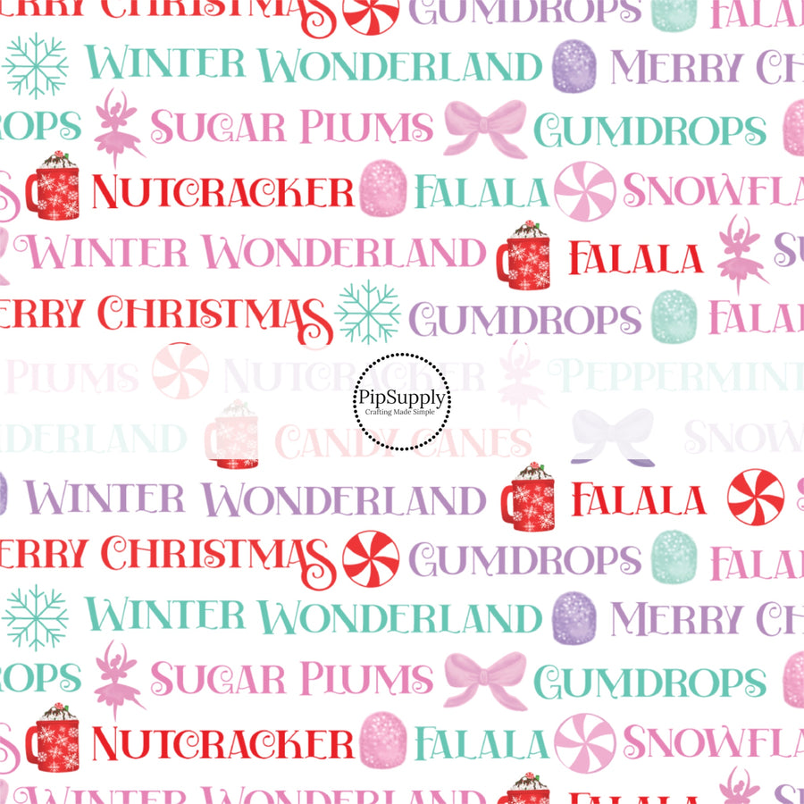 These Christmas themed pattern fabric by the yard features the following design elements: pastel Christmas sayings. This fun themed fabric can be used for all your sewing and crafting needs!