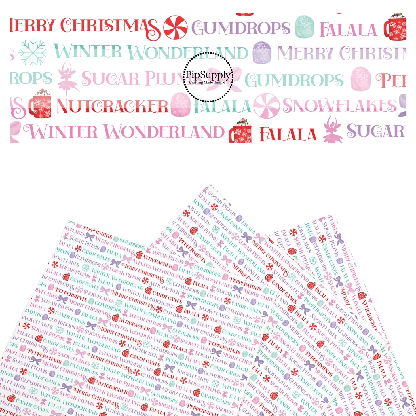 These Christmas themed pattern faux leather sheets contain the following design elements: pastel Christmas sayings. Our CPSIA compliant faux leather sheets or rolls can be used for all types of crafting projects.