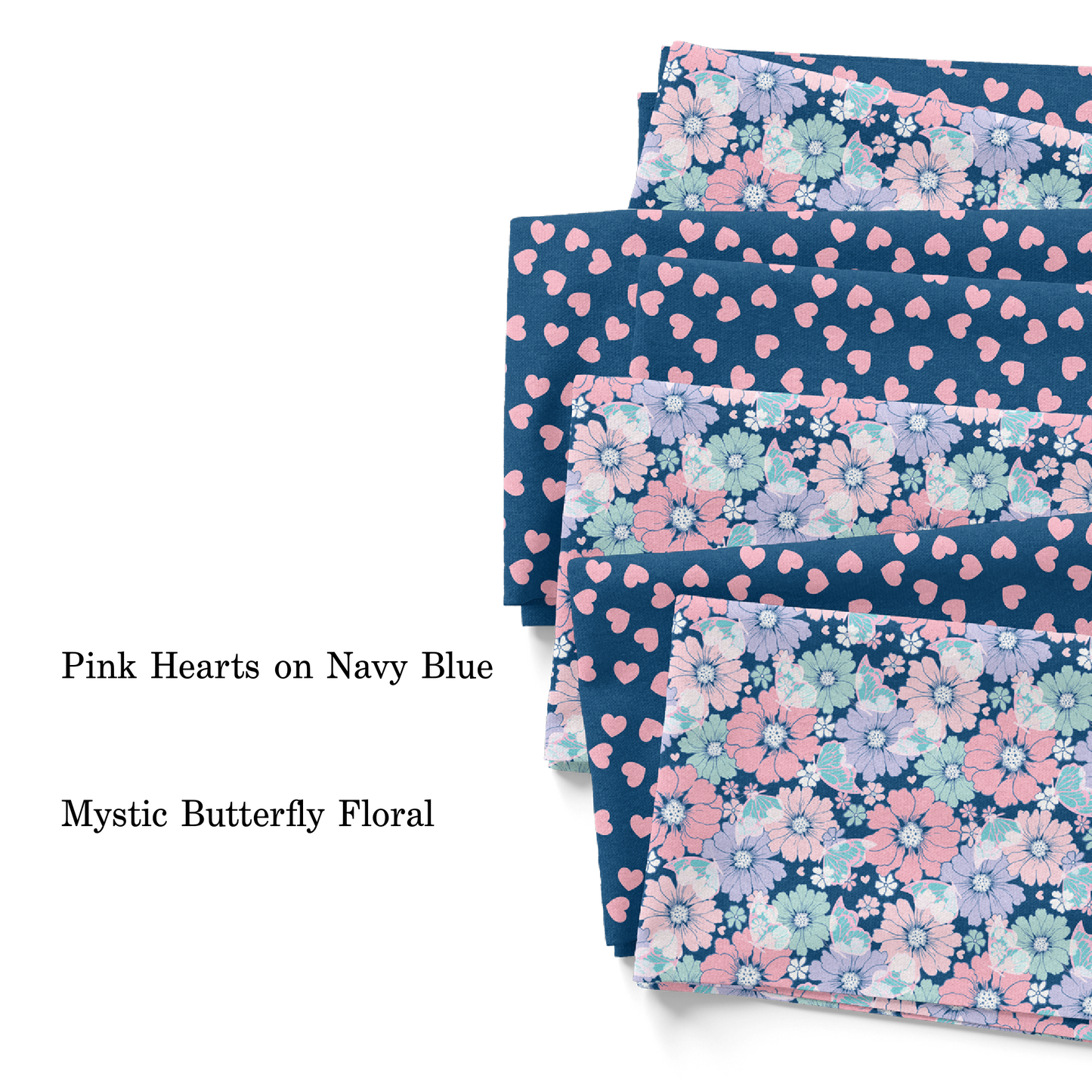 Group photo of pastel flowers in pink, aqua, purple, and white with aqua butterflies on dark navy blue fabric by the yard and pink hearts on navy blue fabric by the yard.