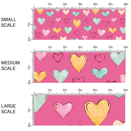 This scale chart of small scale, medium scale, and large scale of these heart themed pink fabric by the yard features light pink, orange, and blue watercolor hearts on hot pink. This fun summer heart themed fabric can be used for all your sewing and crafting needs! 