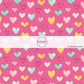 These heart themed pink fabric by the yard features light pink, orange, and blue watercolor hearts on hot pink. This fun summer heart themed fabric can be used for all your sewing and crafting needs! 