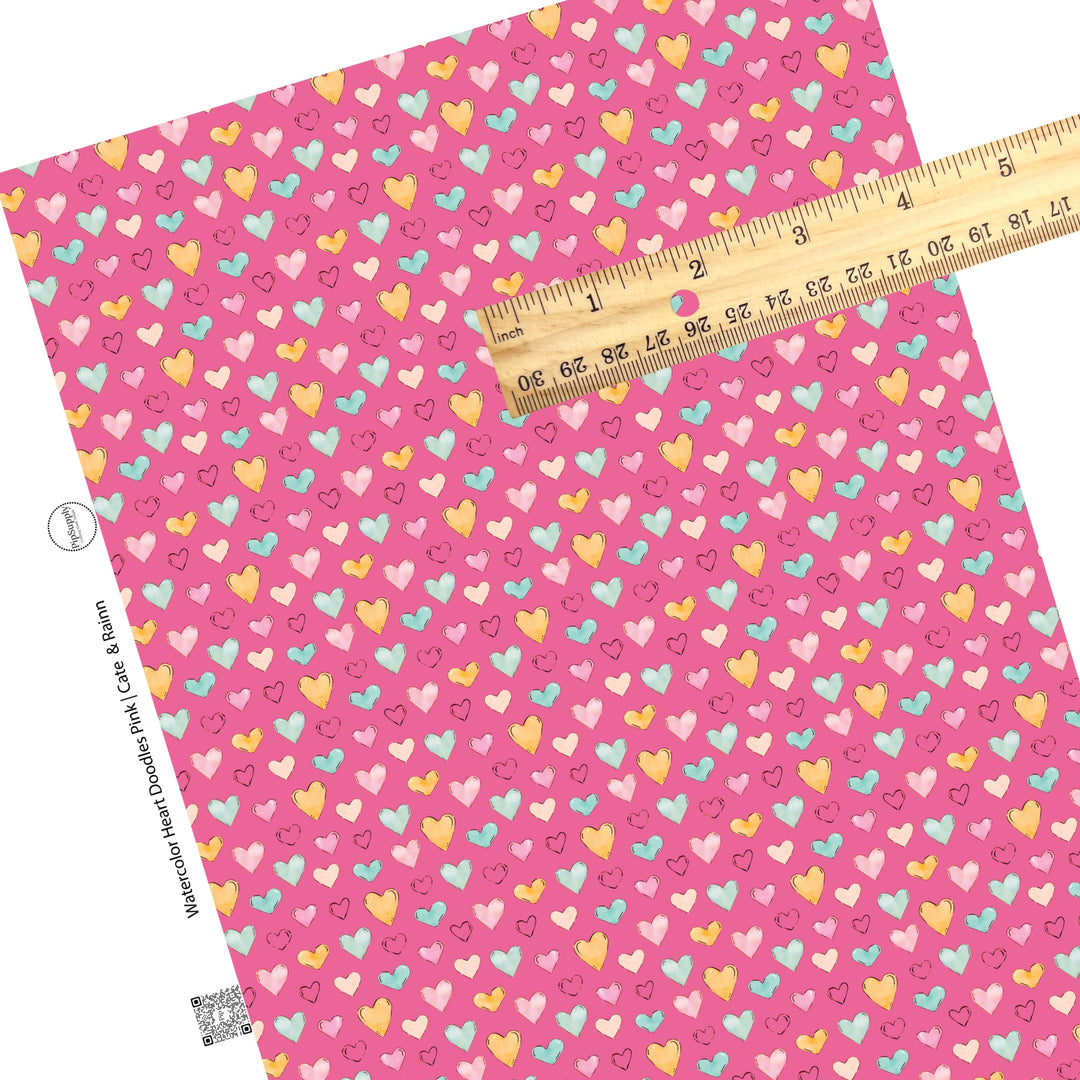 These heart themed pink faux leather sheets contain the following design elements: light pink, orange, and blue watercolor hearts on hot pink. Our CPSIA compliant faux leather sheets or rolls can be used for all types of crafting projects. 