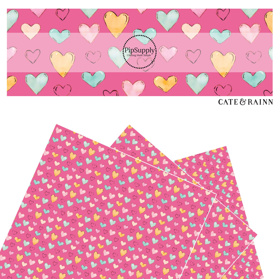 These heart themed pink faux leather sheets contain the following design elements: light pink, orange, and blue watercolor hearts on hot pink. Our CPSIA compliant faux leather sheets or rolls can be used for all types of crafting projects. 