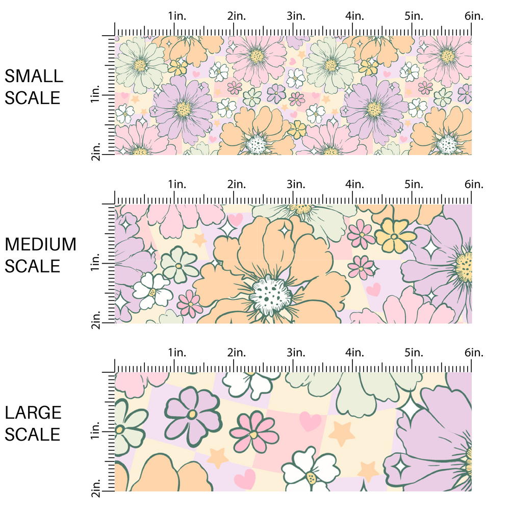 This image has three fabric scales of small, medium, and large scale for the pastel colors in pink, purple, orange, and white flowers on a purple and cream checker board pattern.