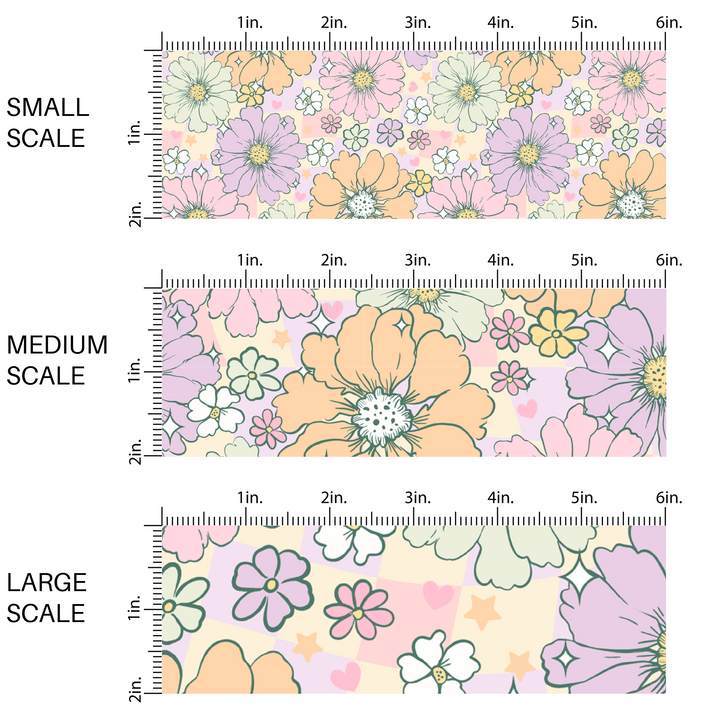 This image has three fabric scales of small, medium, and large scale for the pastel colors in pink, purple, orange, and white flowers on a purple and cream checker board pattern.